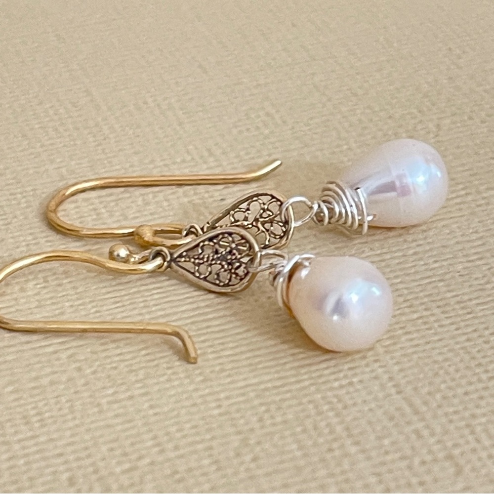 Handwrapped Pearl Teardrop Earrings – Sterling & Gold, Delicate & Gift-Ready